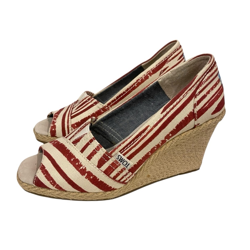 Women’s TOMS Calypso Red Striped Espadrille Wedges Shoes Peep Toe Sandals